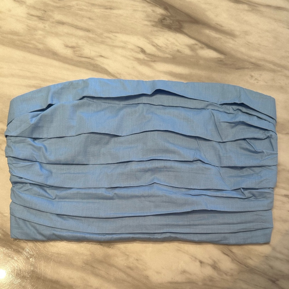 Abercrombie & Fitch Light Blue Runched Poplin Strapless Crop Top - Picture 3 of 5